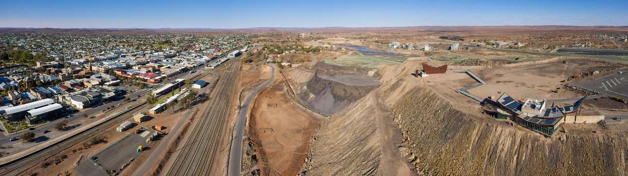 Broken Hill Australia December 2nd 2019 : Aerial panoramic view of the miners memorial and town of Broken Hill in New South Wales, Australia